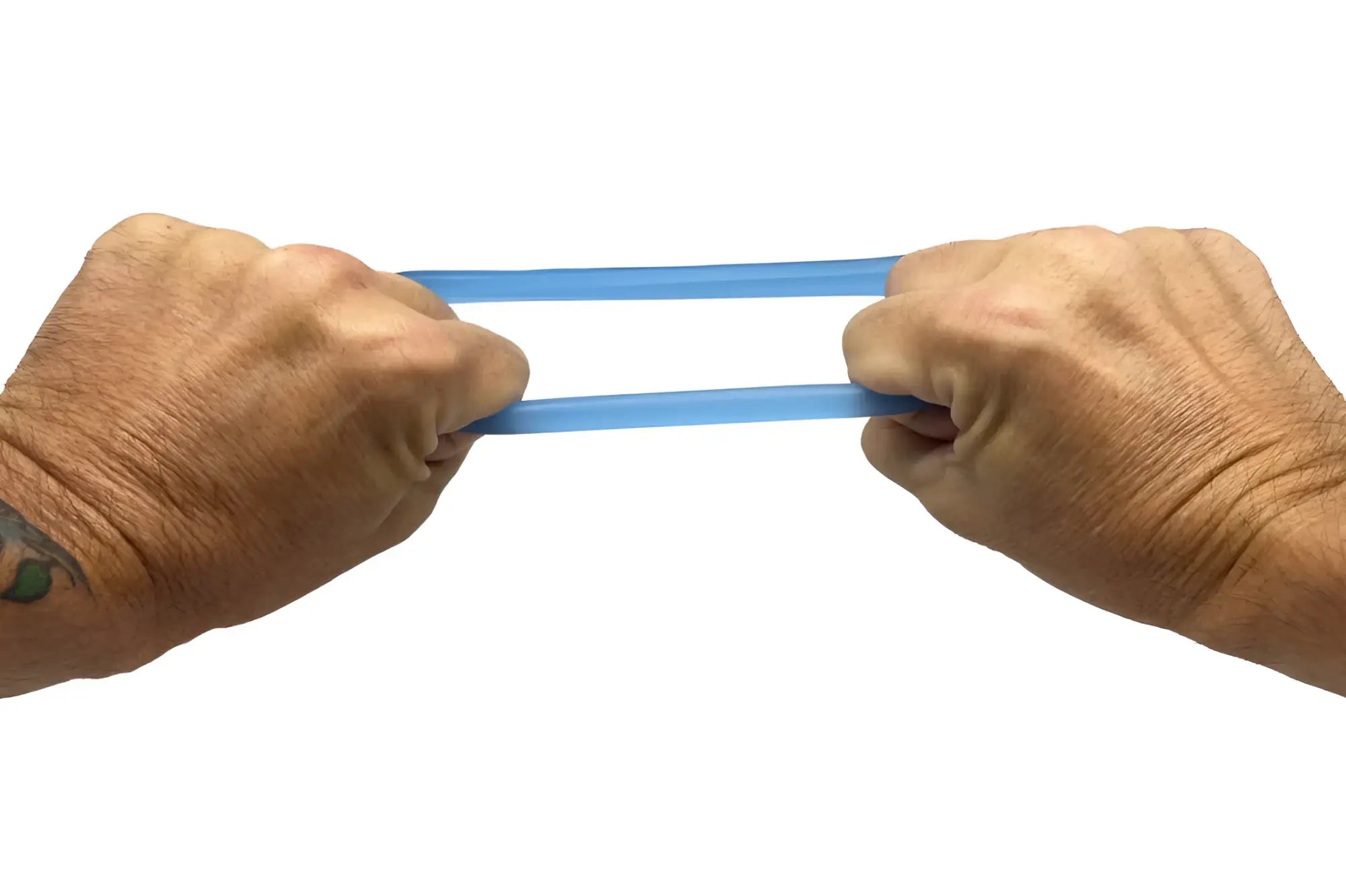A translucent blue rubber band from bufu ring being stretched between two hands showing its elasticity