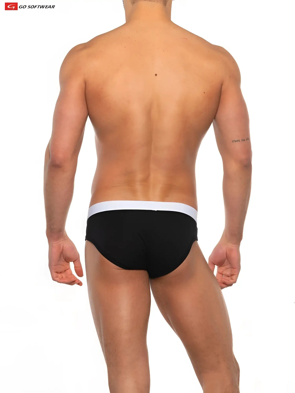 Black bulge enhancer bikini brief with white waistband featuring go softwear brand logo for a comfortable fit