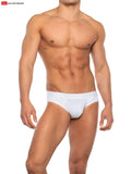 White bulge enhancer bikini briefs made from softwear fabric designed for comfortable everyday wear