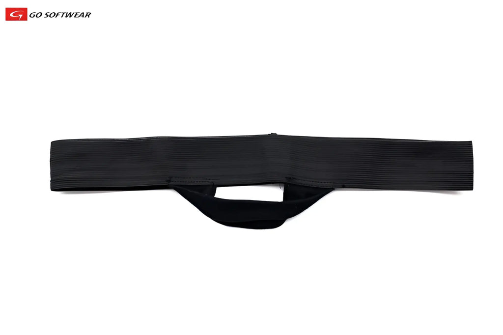 Black ribbed fabric bulge enhancer belt with looped handle for discreet enhancement and support