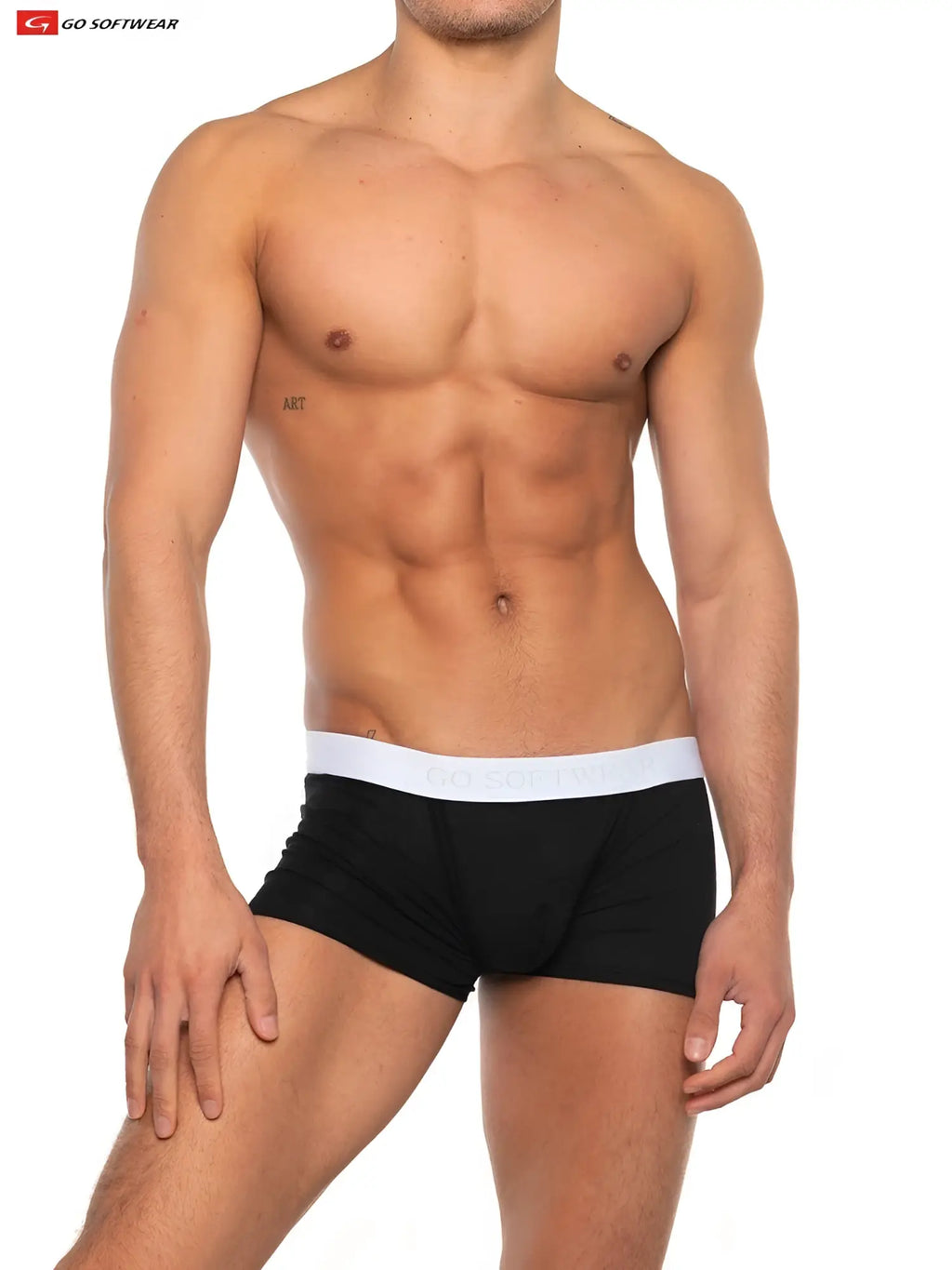 Black bulge enhancer trunks with white elastic waistband featuring go softwear logo for enhanced comfort and support