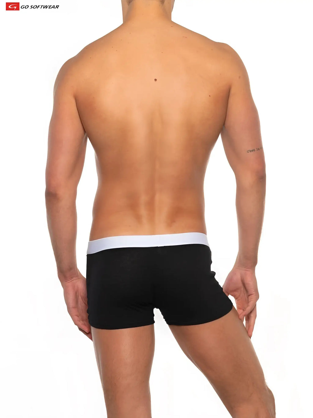 Black bulge enhancer trunk briefs with white elastic waistband featuring go softwear logo for comfortable support