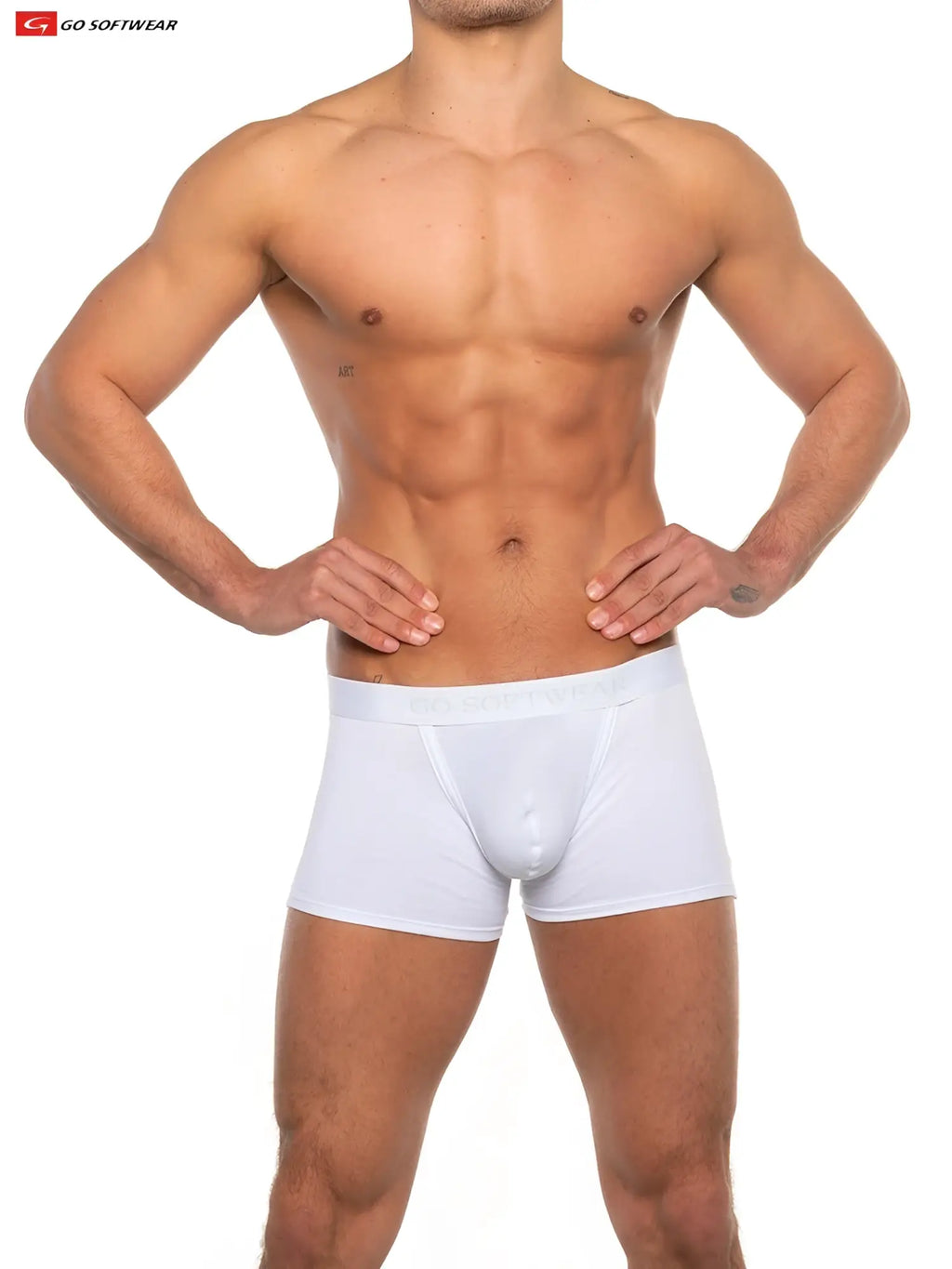 White bulge enhancer trunk boxer briefs with smooth form-fitting design and subtle elastic waistband
