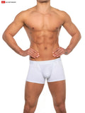 White bulge enhancer trunk boxer briefs with smooth form-fitting design and subtle elastic waistband