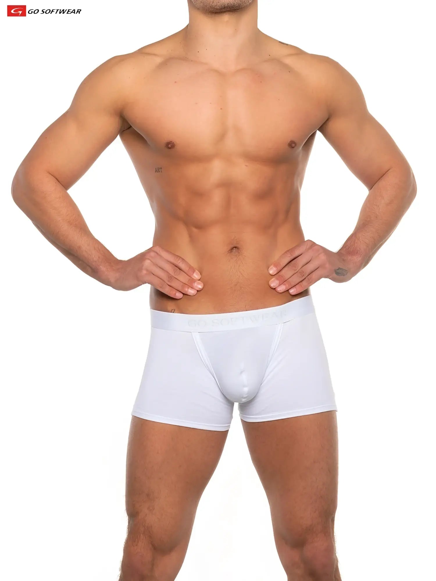 White bulge enhancer trunk boxer briefs with smooth form-fitting design and subtle elastic waistband