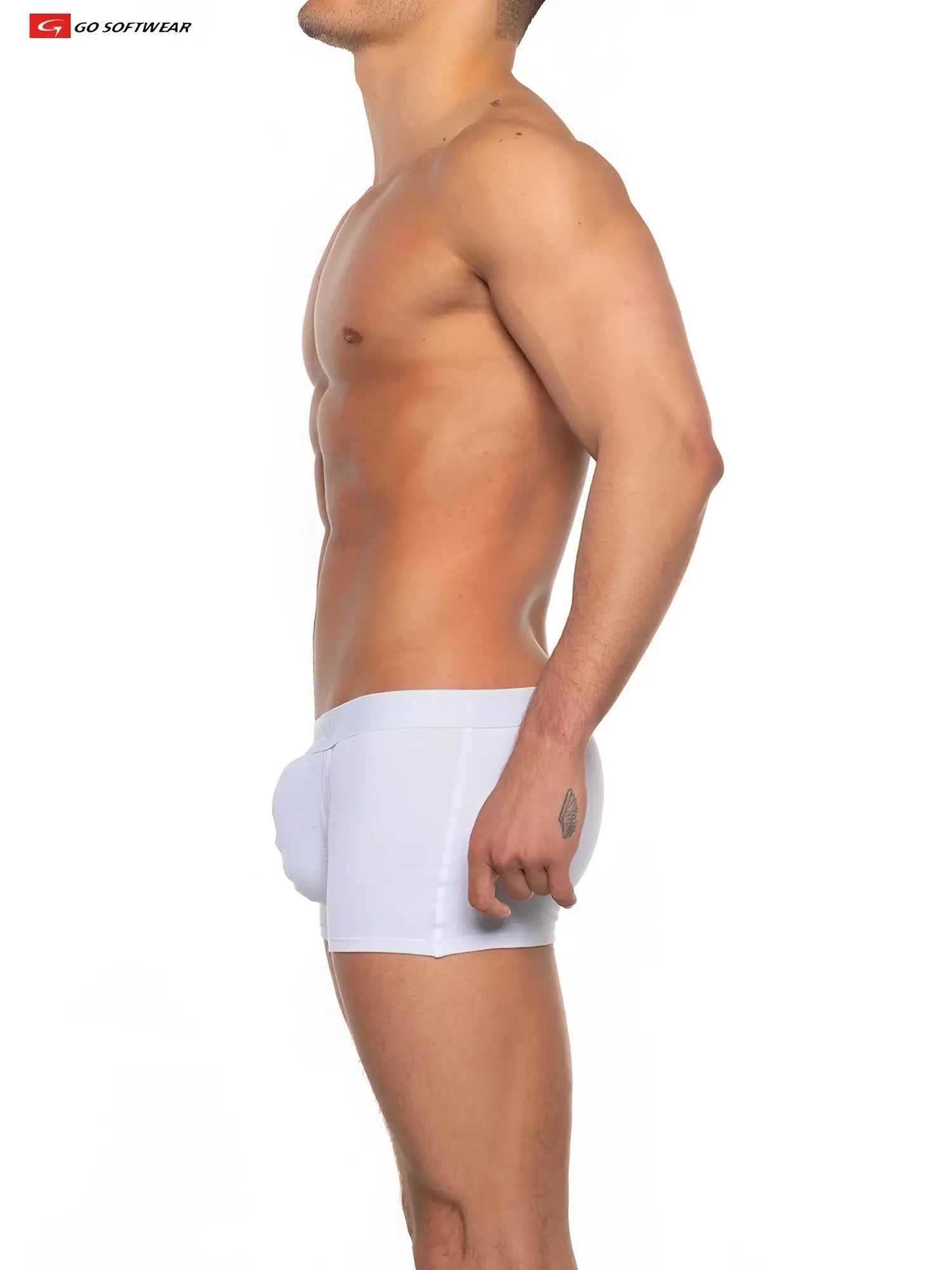 White men’s bulge enhancer trunk briefs with contoured design smooth fabric and go softwear logo