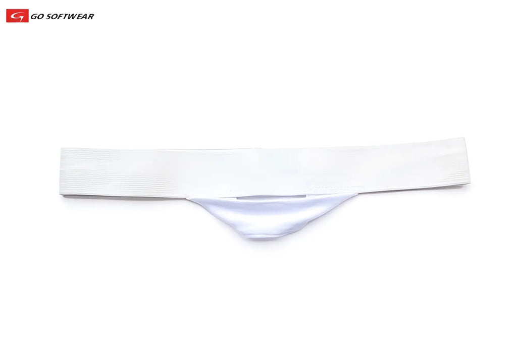 White bulge enhancer with elastic waistband subtle ribbed texture and small matching fabric flap at center