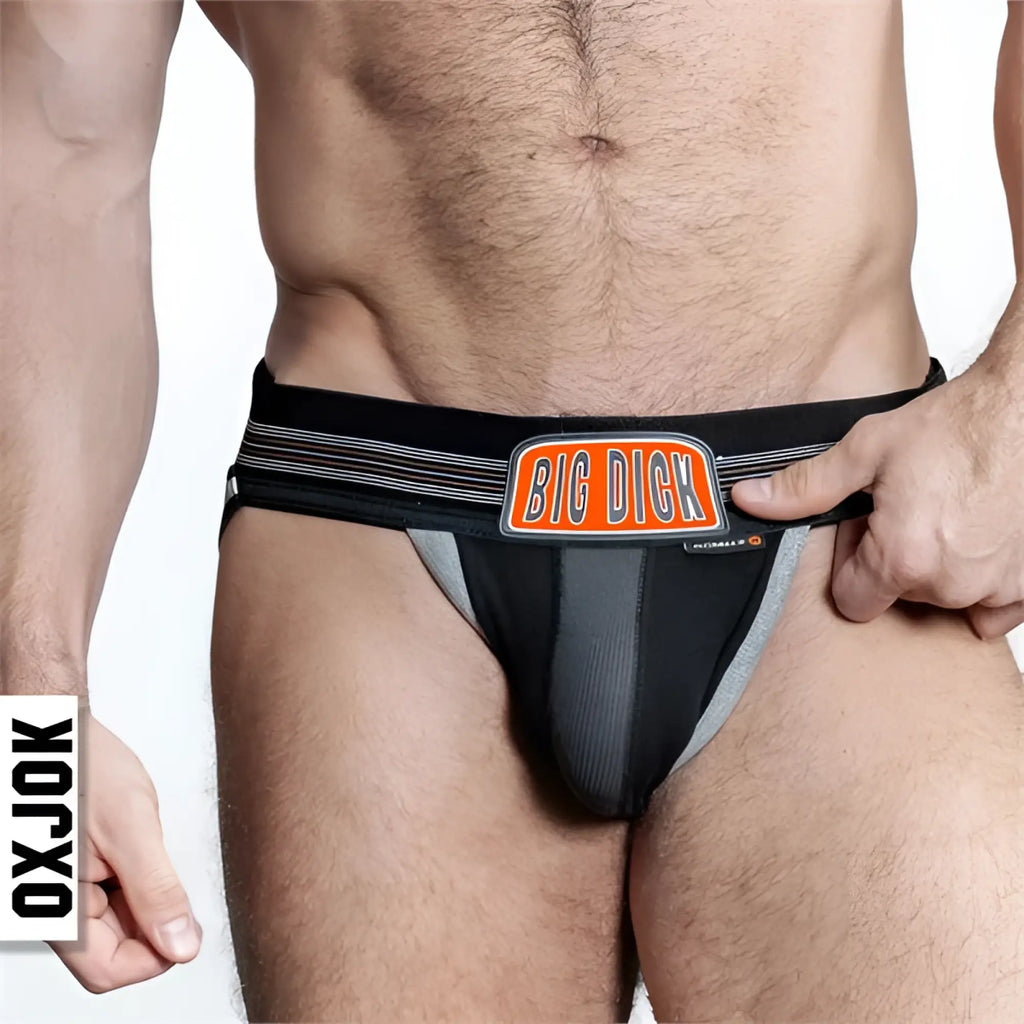 Bulger jockstrap black and gray athletic briefs with orange big dick logo patch and subtle striped side pattern