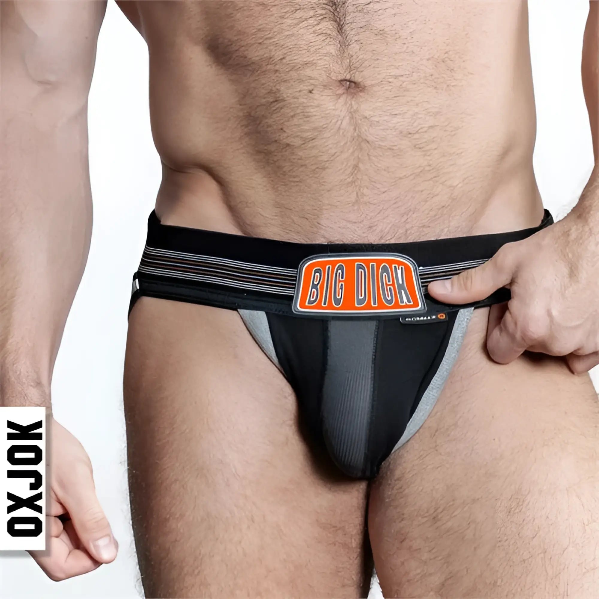 Bulger jockstrap black and gray athletic briefs with orange big dick logo patch and subtle striped side pattern