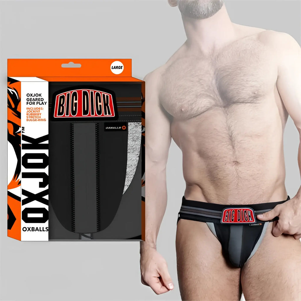 Black and gray bulger jockstrap with red logo trim featuring oxjok big dick branding designed for support and comfort
