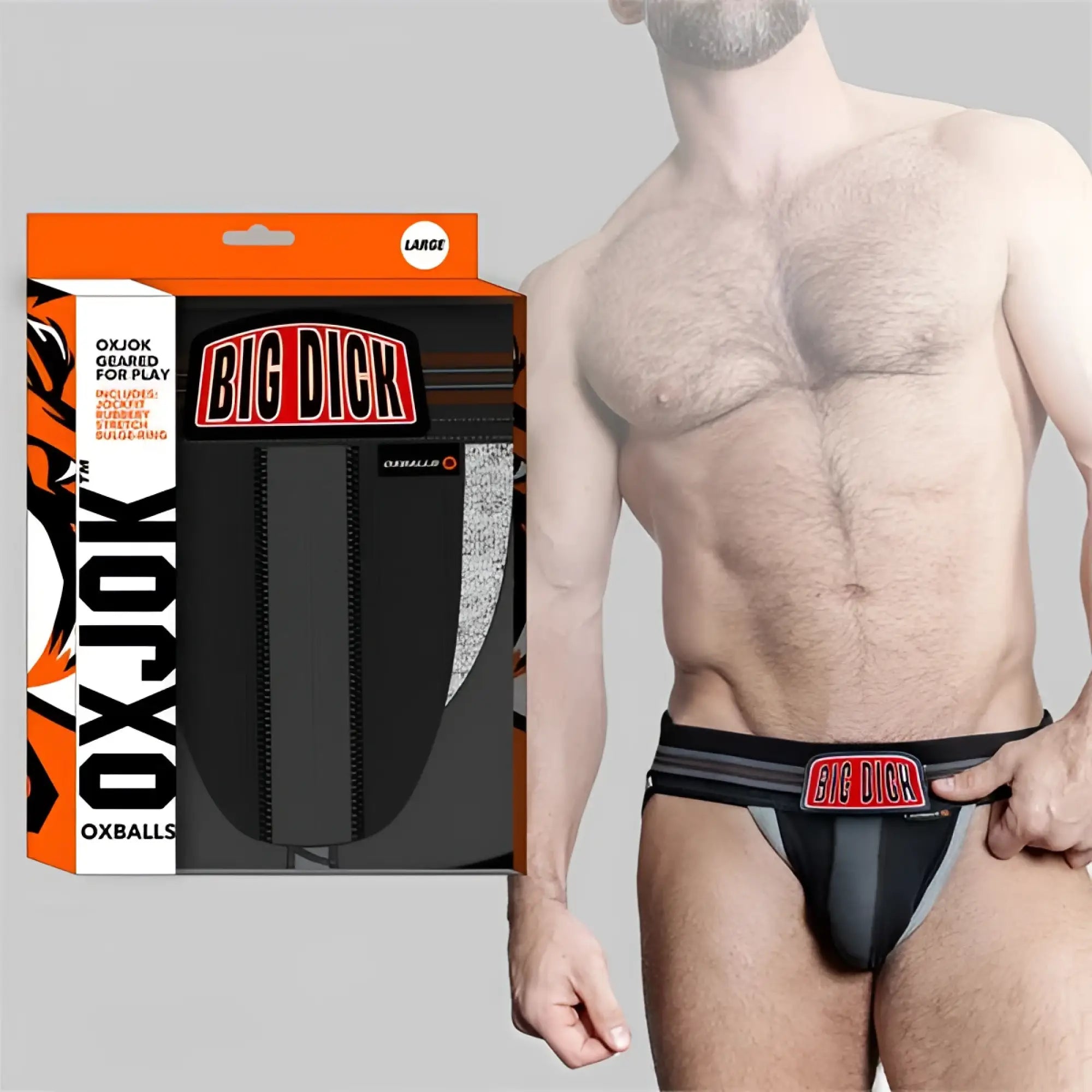 Black and gray bulger jockstrap with red logo trim featuring oxjok big dick branding designed for support and comfort