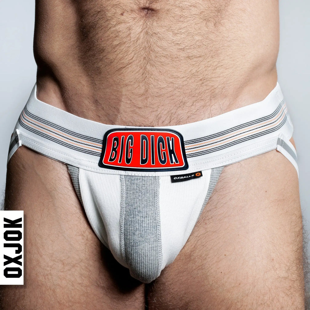 White and gray bulger jockstrap with bold red big dick logo patch on the front for athletic support