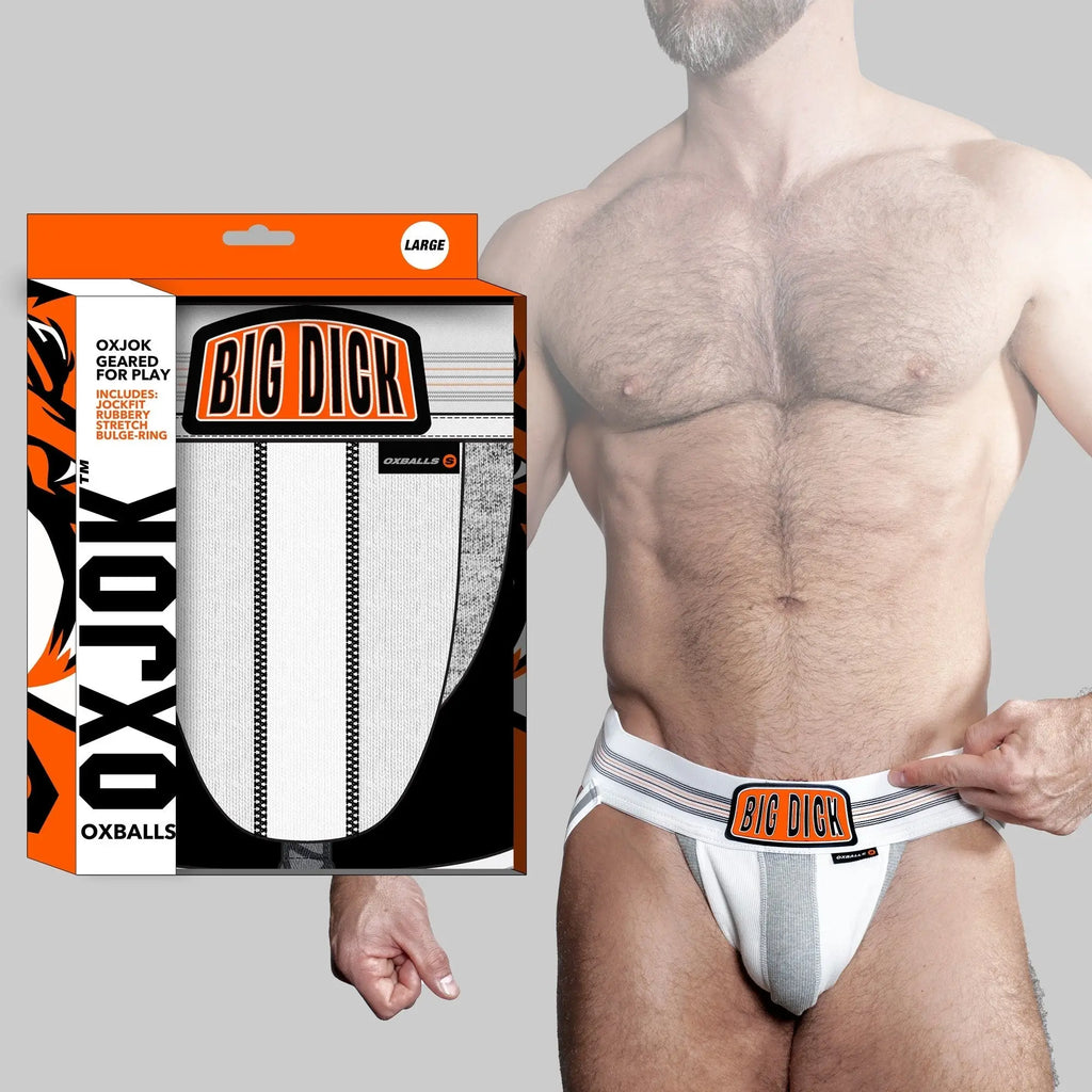 Bulger jockstrap white and gray big dick branded with black zipper detailing in orange and black oxjock box packaging