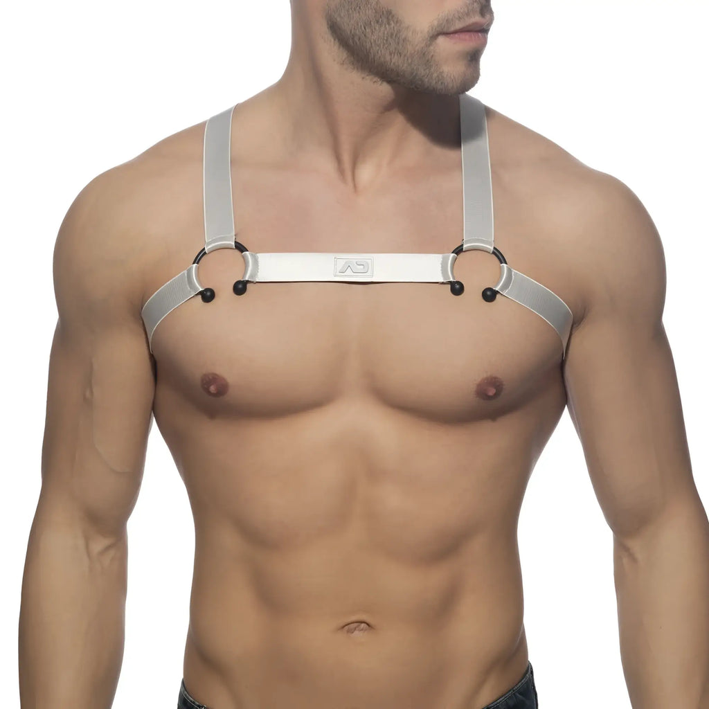Silver leather bull ring harness with black metal rings and adjustable straps for secure fit