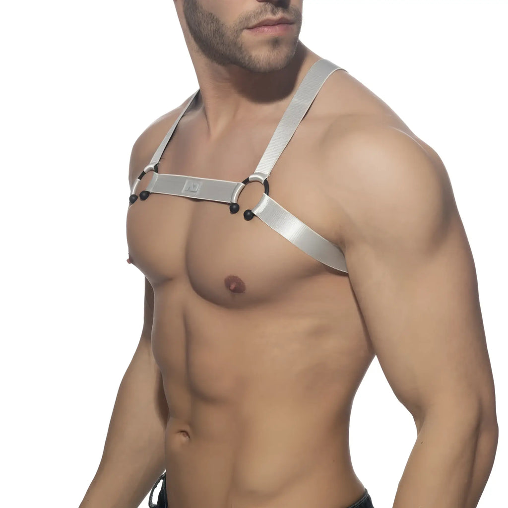 Silver metallic bull ring harness with adjustable straps and black spherical hardware for a bold look