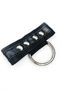Black leather bulldog center strap with three silver-toned snap buttons and metal d-ring non-glow finish