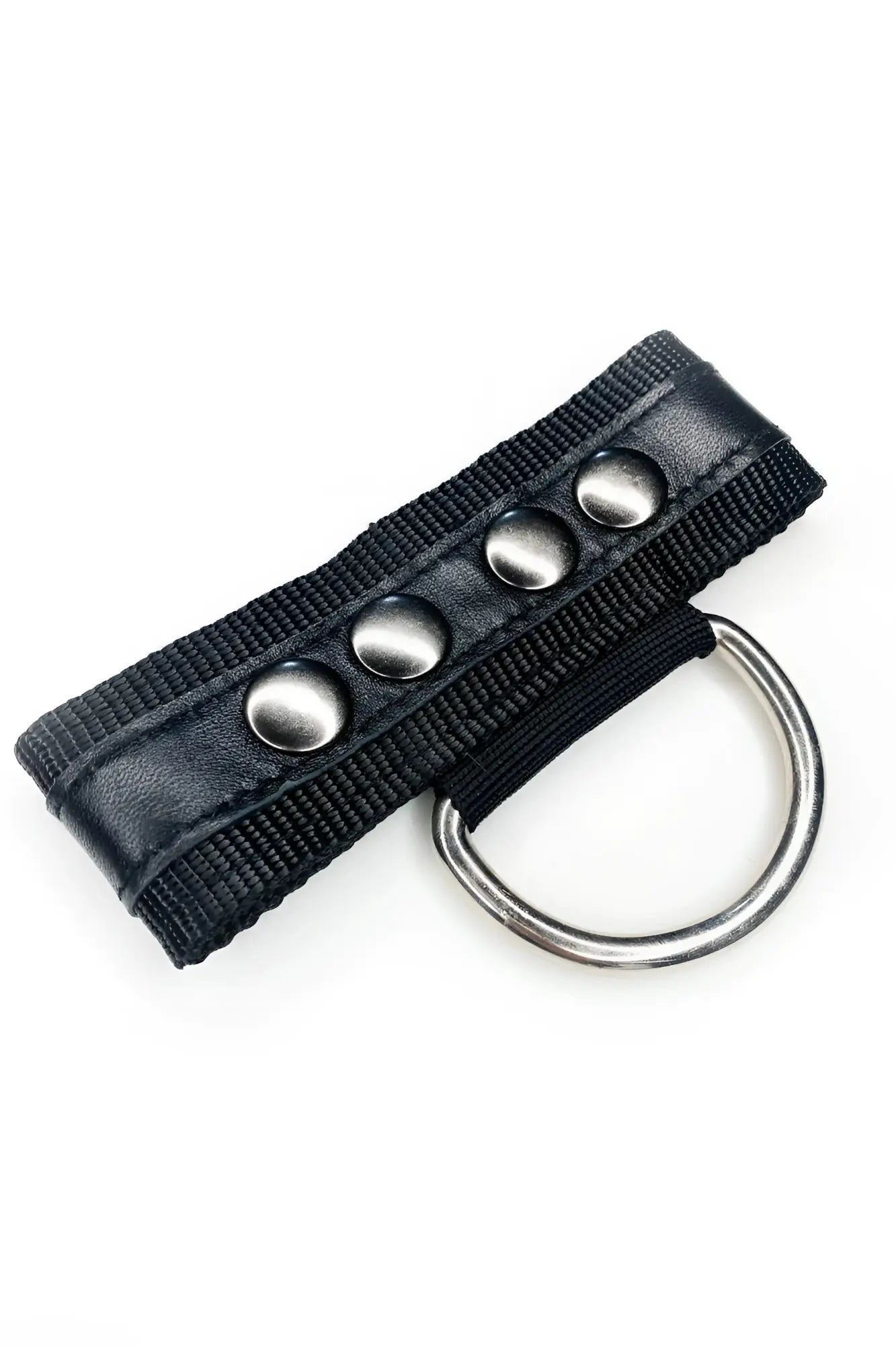 Black leather bulldog center strap with three silver-toned snap buttons and metal d-ring non-glow finish