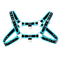 Black and turquoise leather bulldog harness with piping and silver toned metal hardware shown from back side