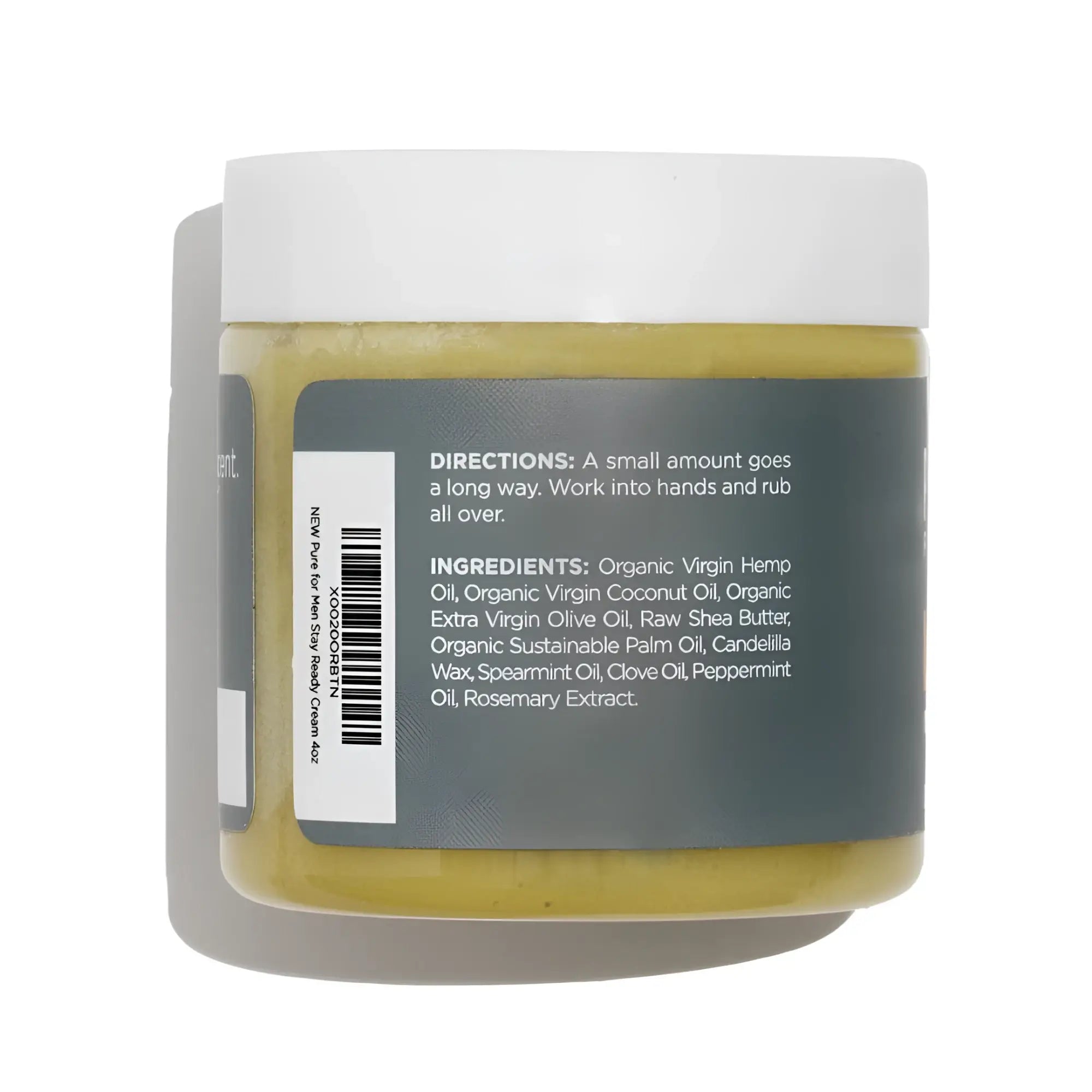 A clear glass jar with white lid shows yellowish green organic bum balm hand cream with ingredient label on back side