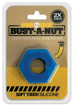 Blue hexagonal silicone cock ring bust a nut with a central hole and textured surface for enhanced stimulation
