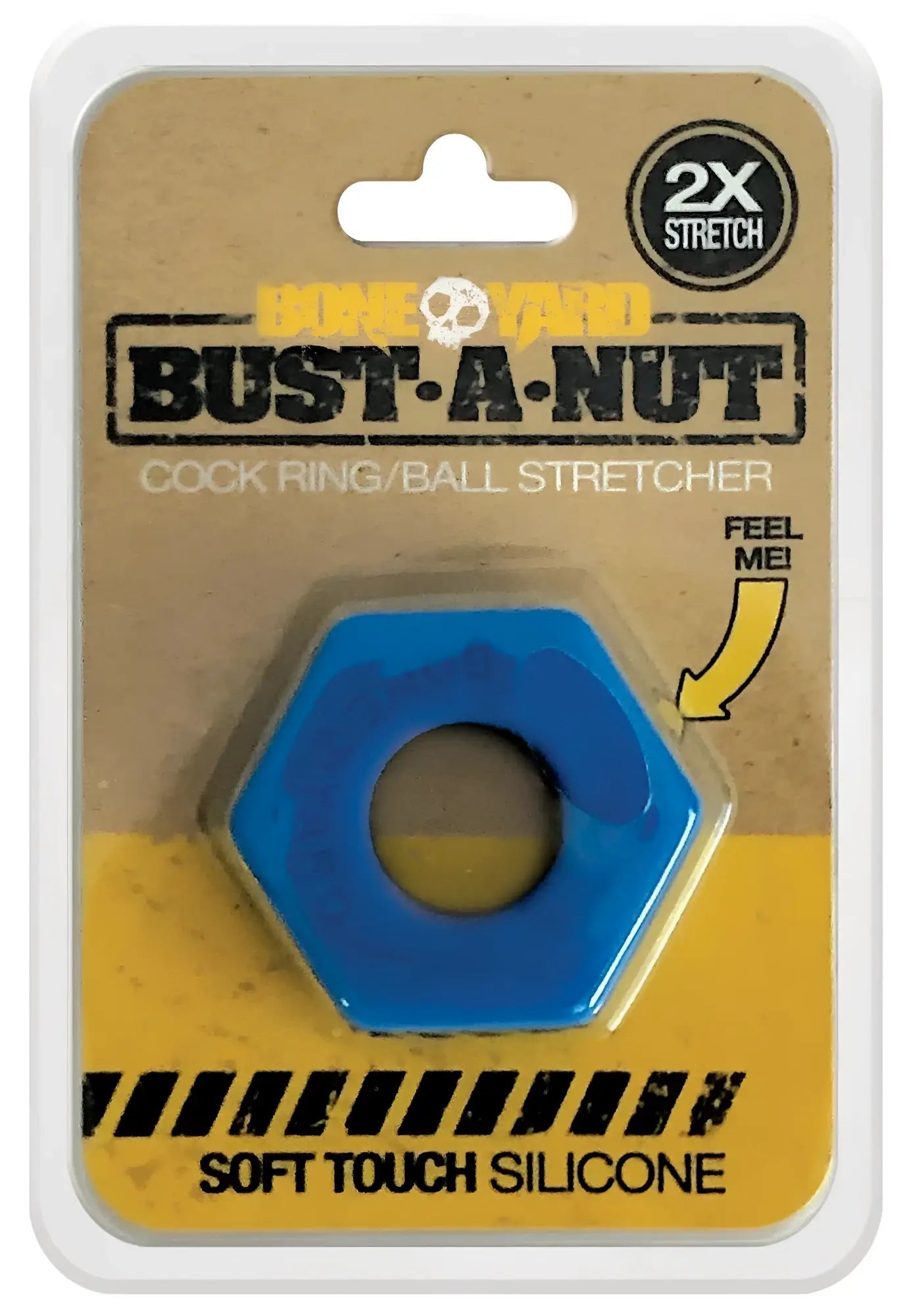 Blue hexagonal silicone cock ring bust a nut with a central hole and textured surface for enhanced stimulation