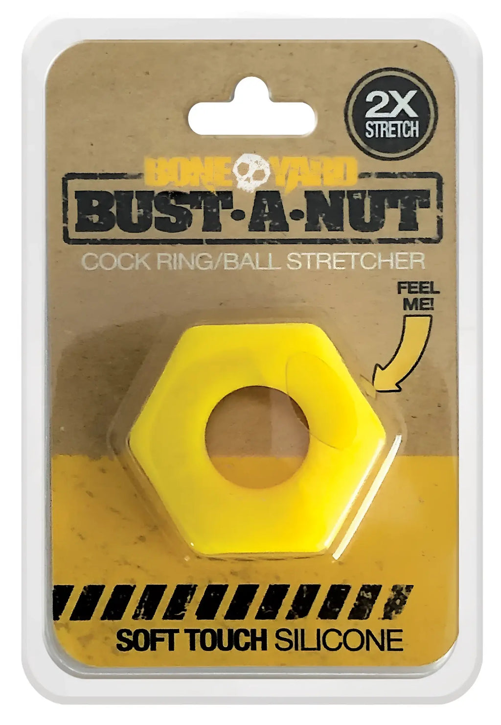 Bright yellow hexagonal silicone ring with central hole packaged in cardboard and plastic for bust a nut yellow product
