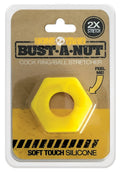 Bright yellow hexagonal silicone ring with central hole packaged in cardboard and plastic for bust a nut yellow product