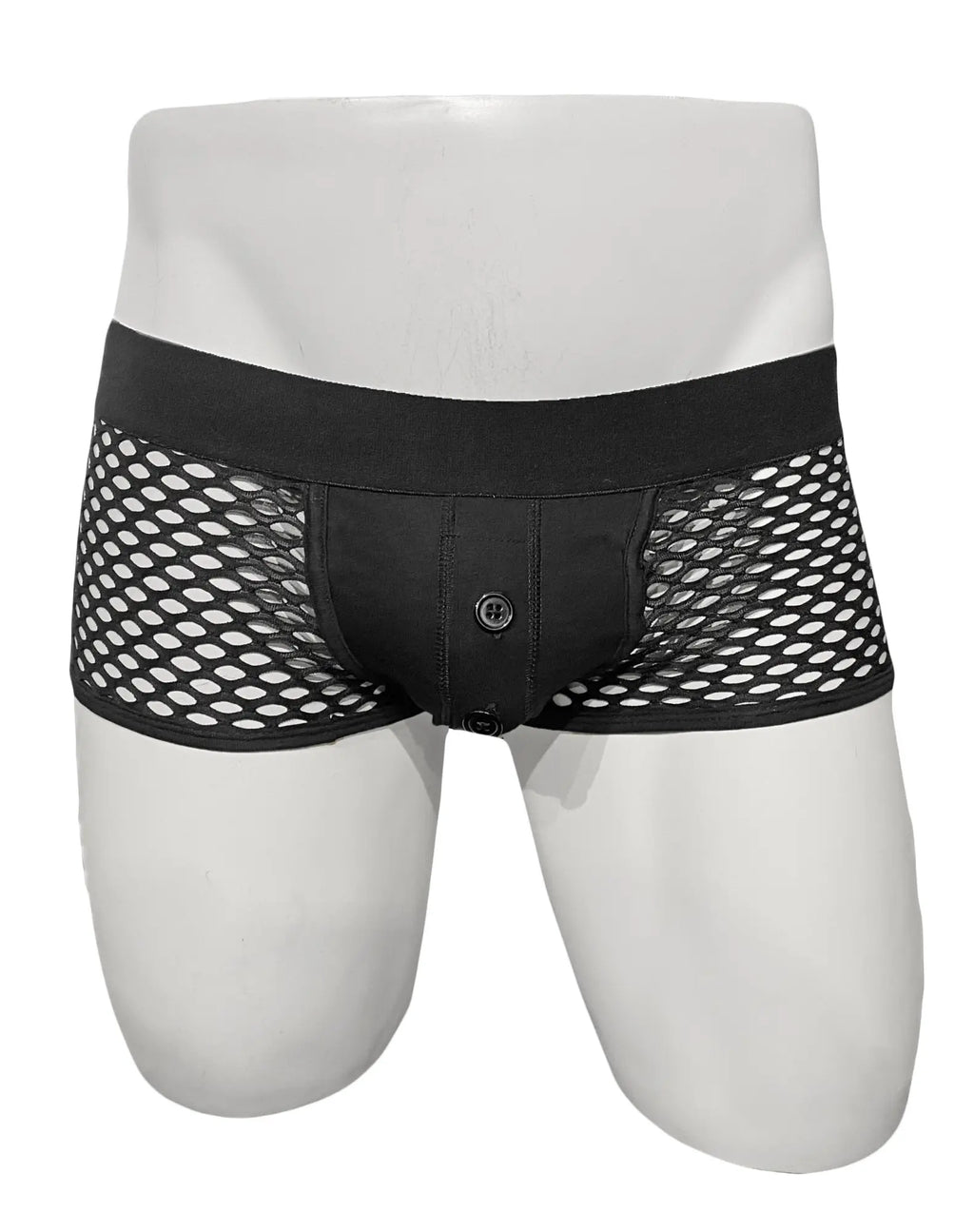 Black mesh briefs with solid waistband and front button closure from button fly fishnet trunk collection