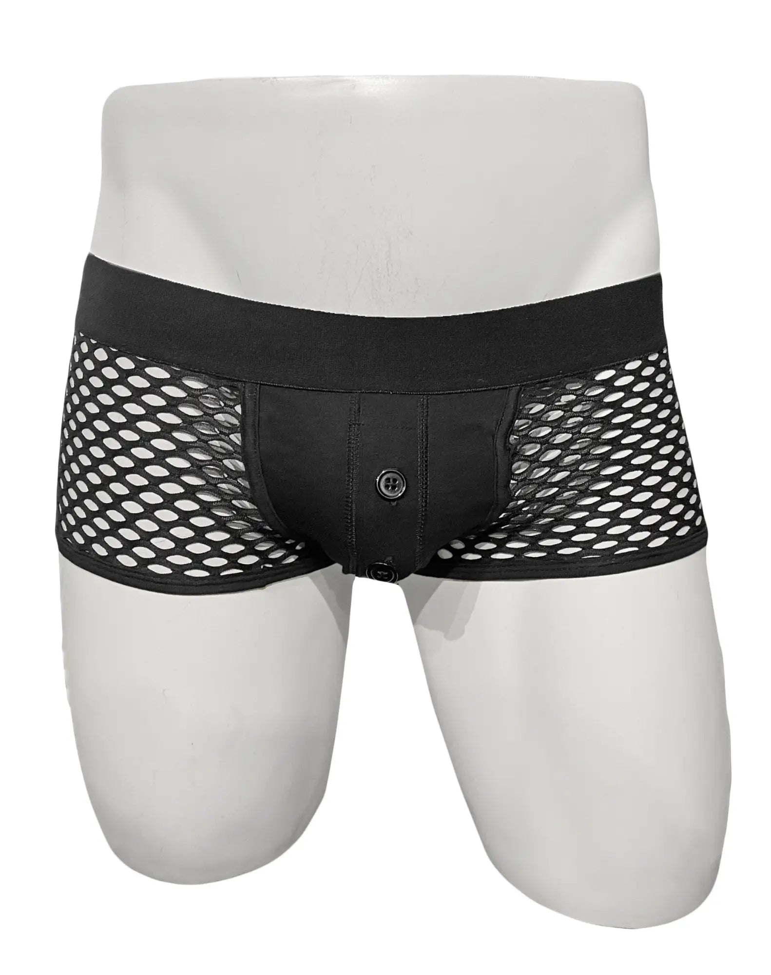 Black mesh briefs with solid waistband and front button closure from button fly fishnet trunk collection