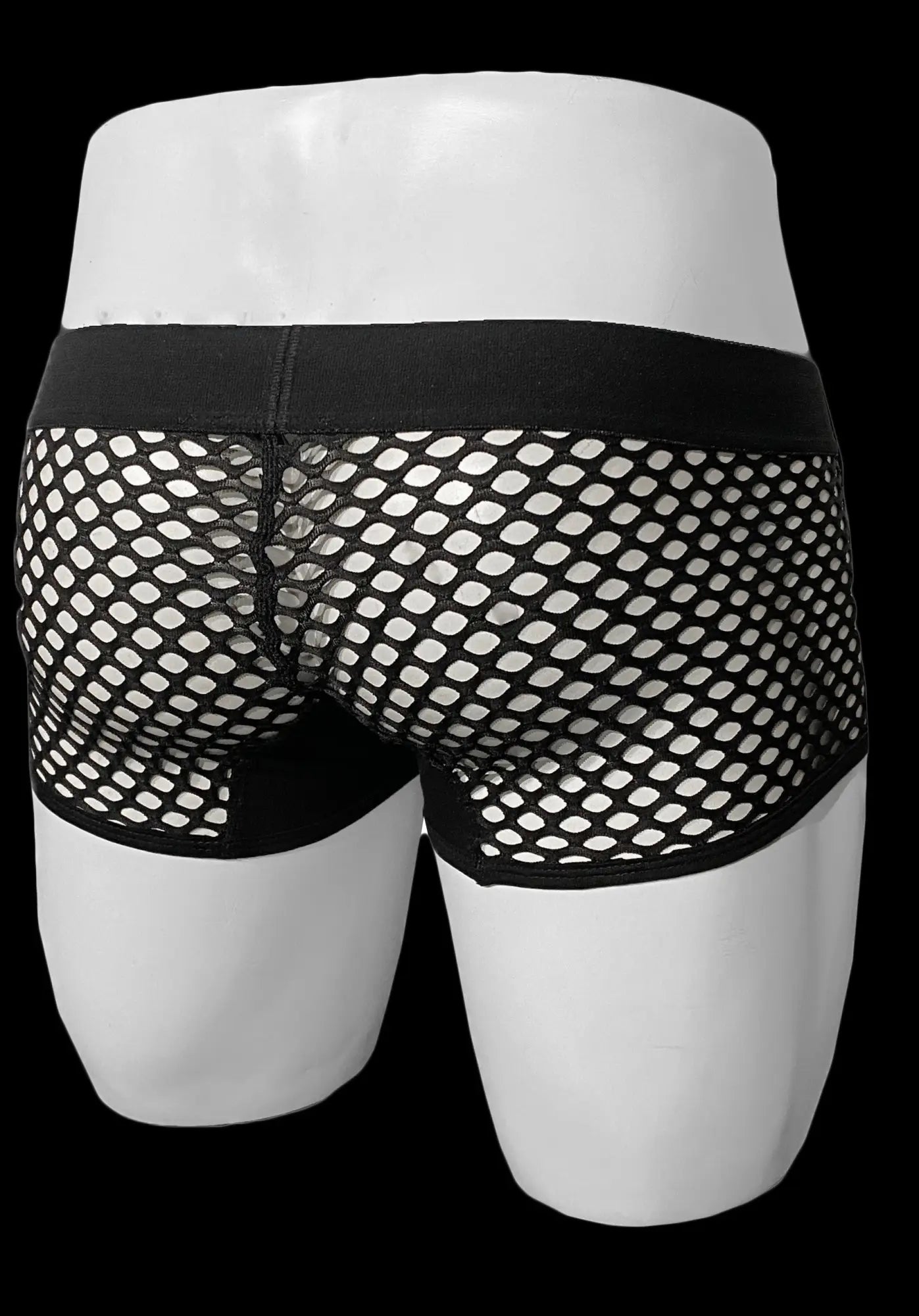 Black mesh briefs with a button fly and solid black waistband made from fishnet material