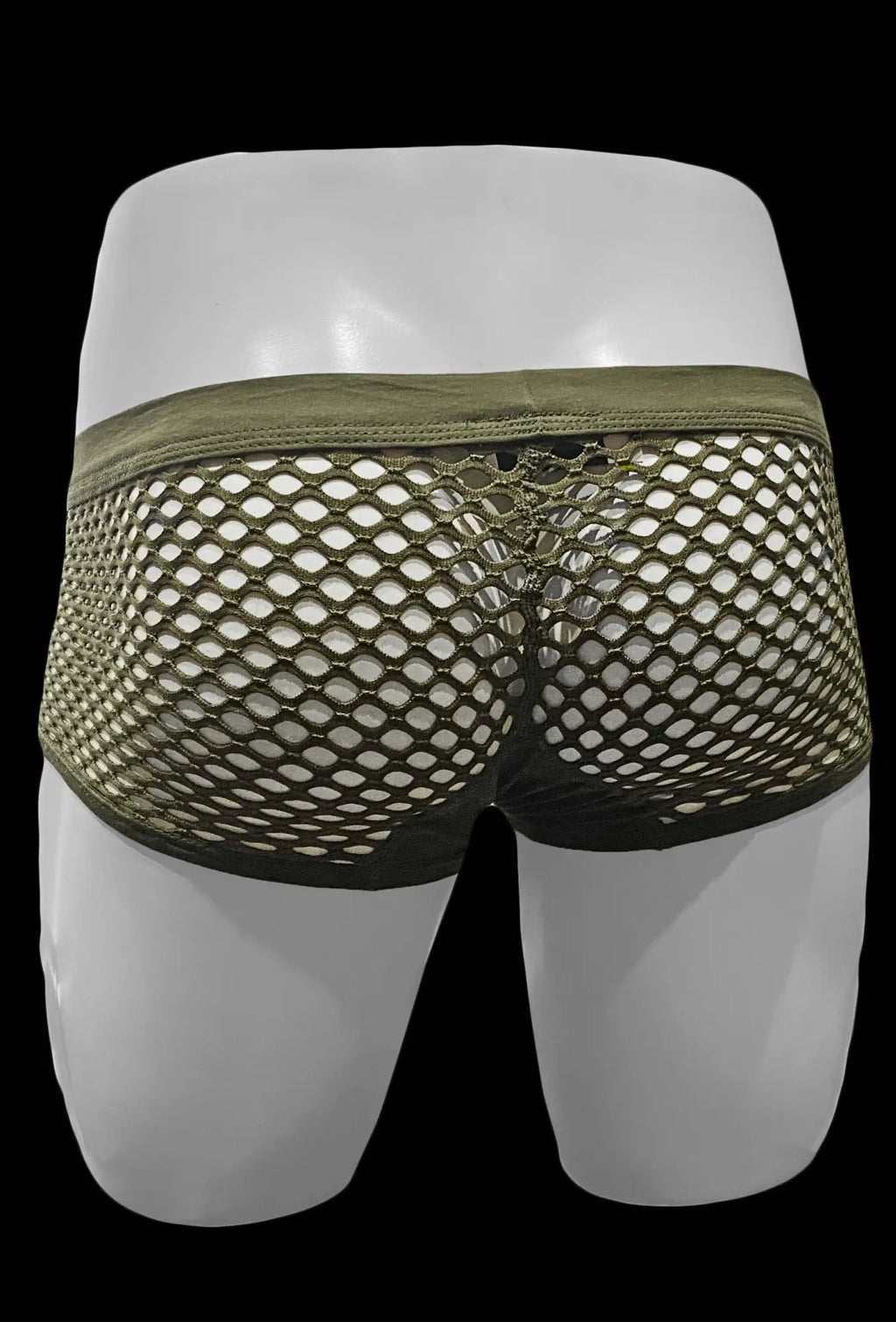 Olive green button fly fishnet trunk briefs with mesh fabric and solid elastic waistband for breathable comfort