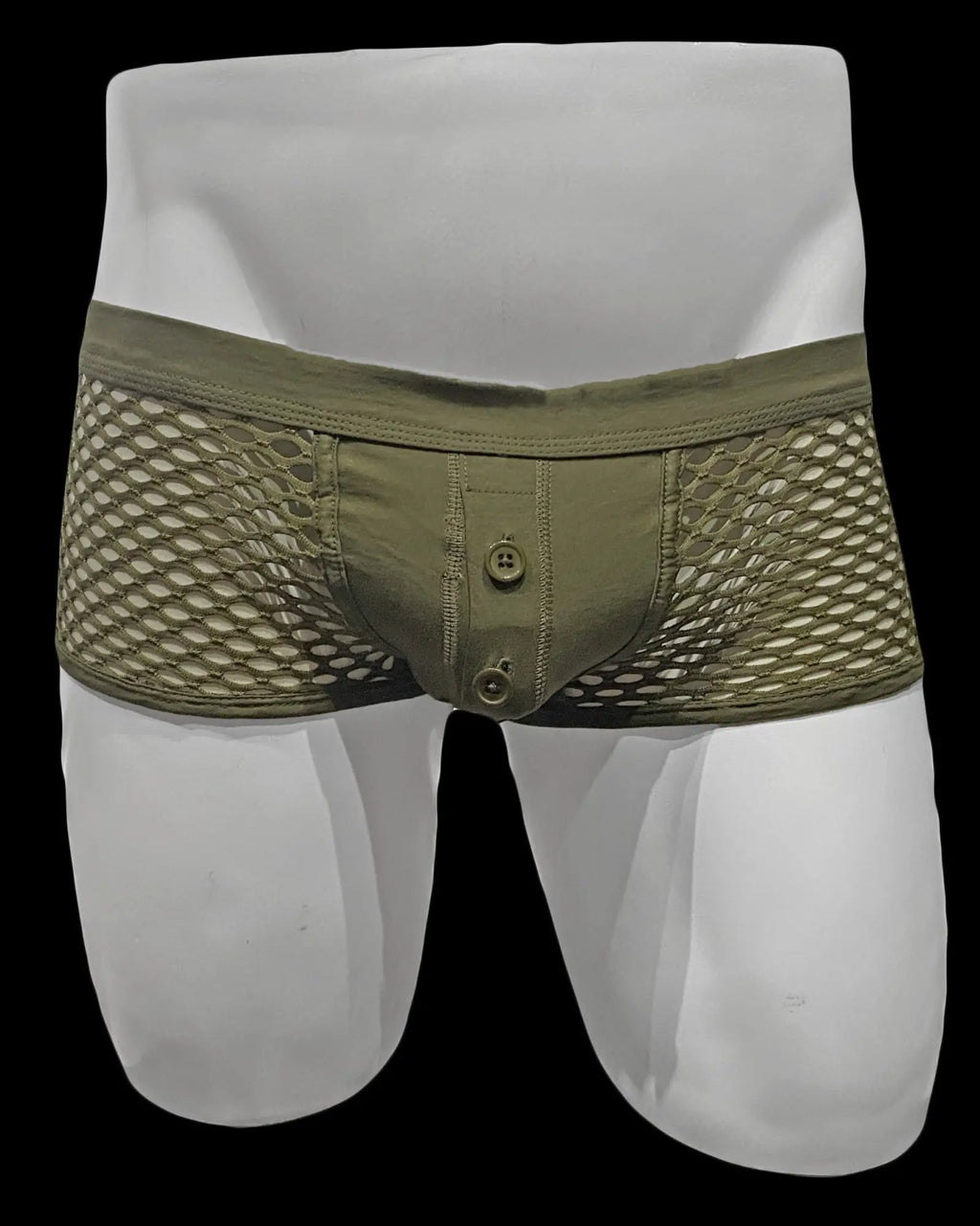 Olive green button fly fishnet trunk briefs with solid front panel and two button closures