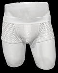 White mesh button fly fishnet trunk briefs with elastic waistband and button front design