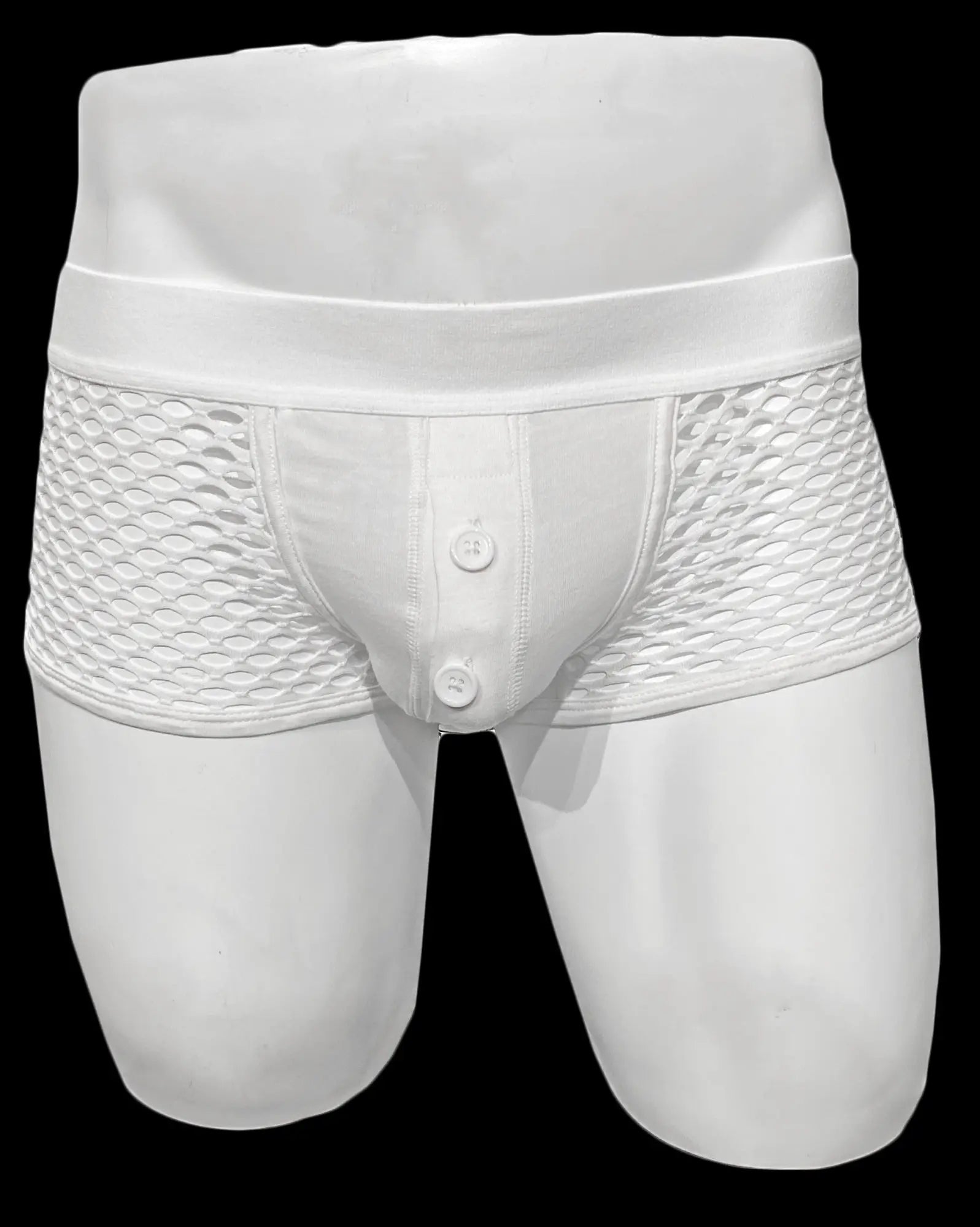 White mesh button fly fishnet trunk briefs with elastic waistband and button front design