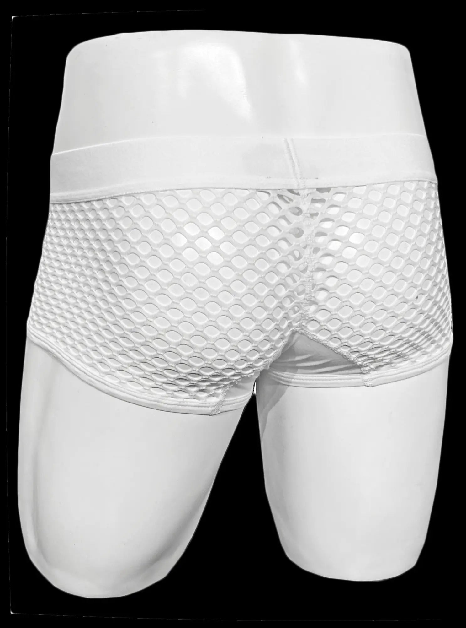 White mesh button fly fishnet trunk briefs with smooth elastic waistband for comfortable wear