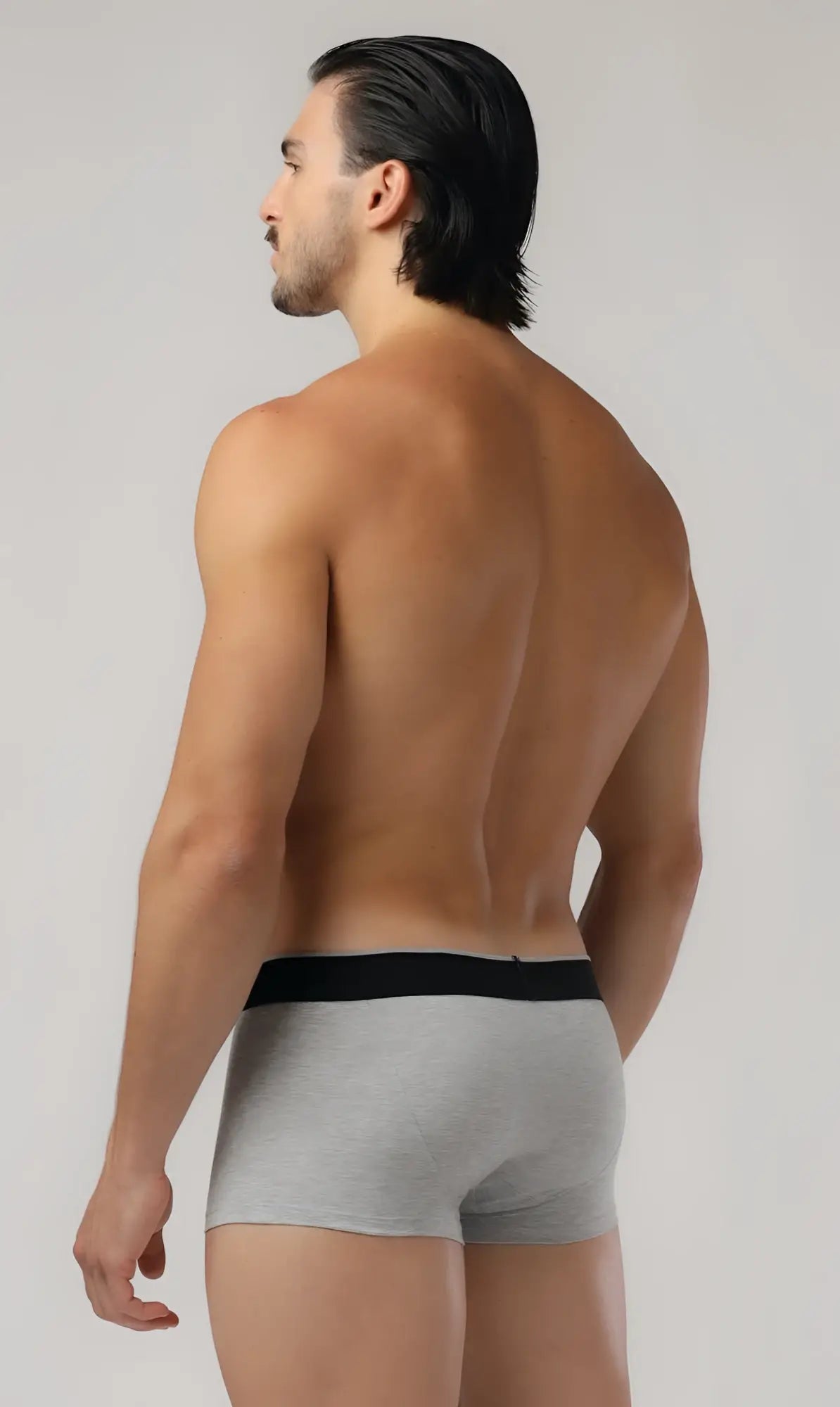 Gray button front trunks briefs with black elastic waistband designed for comfortable everyday wear