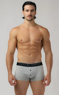 Gray cotton button front trunks with a black adam smith waistband and three front buttons for comfortable wear