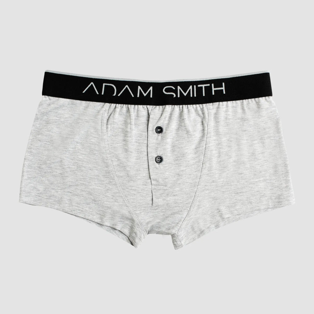 Gray heathered adam smith button front trunks with black waistband white lettering and two dark front buttons
