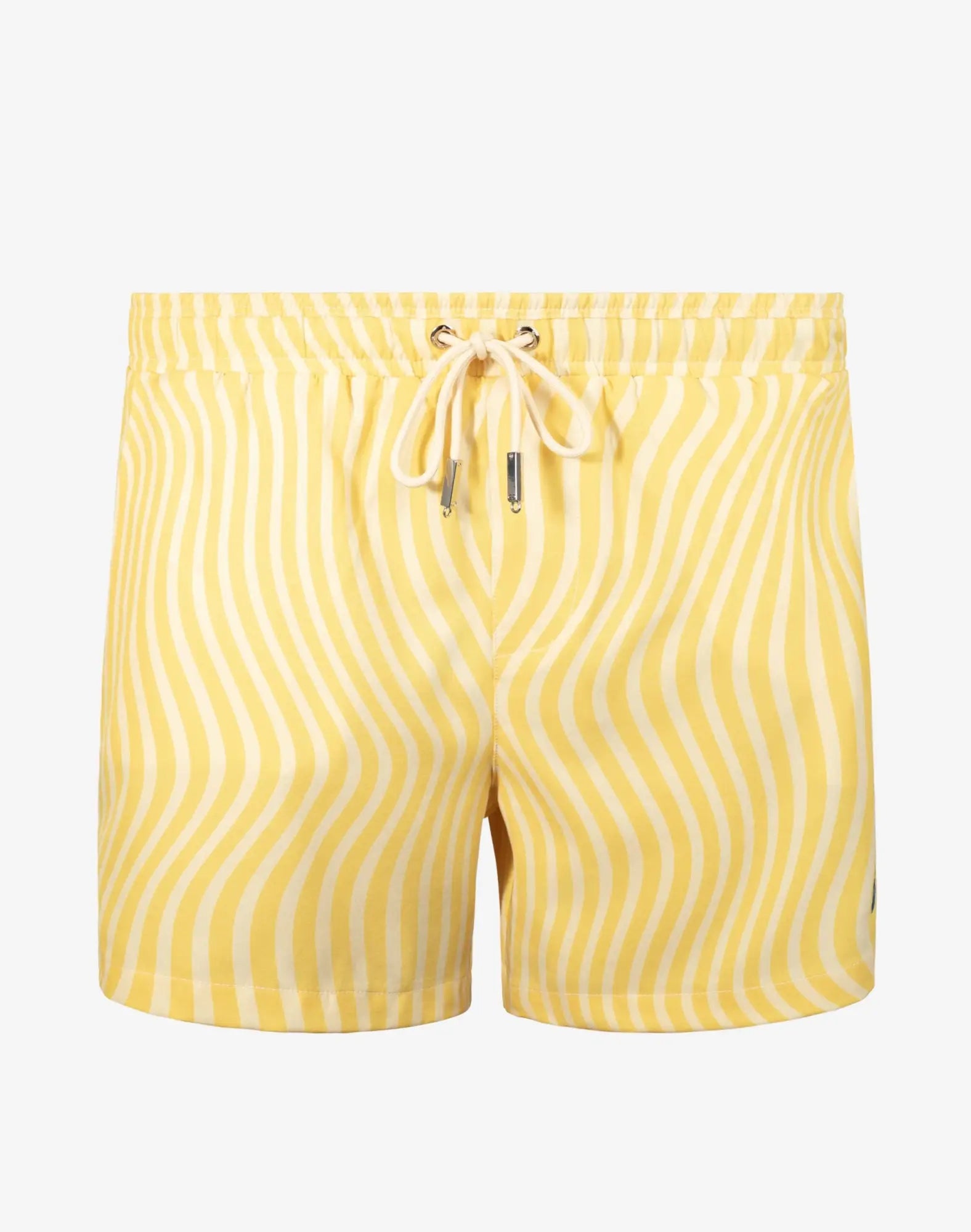 Byron swim short in dolce yellow featuring yellow and white wavy-striped fabric with a drawstring waistband