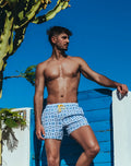 Byron swim short mykonos print blue and white patterned swim trunks with yellow drawstring for beachwear