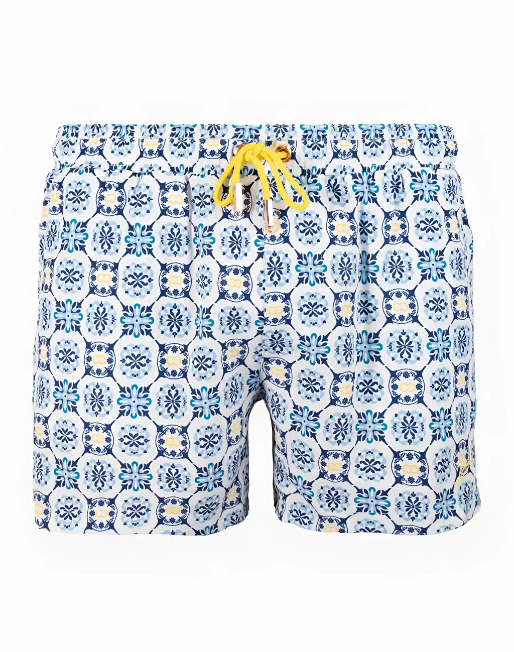 Blue and white patterned byron swim short with yellow drawstring featuring mykonos print for beachwear