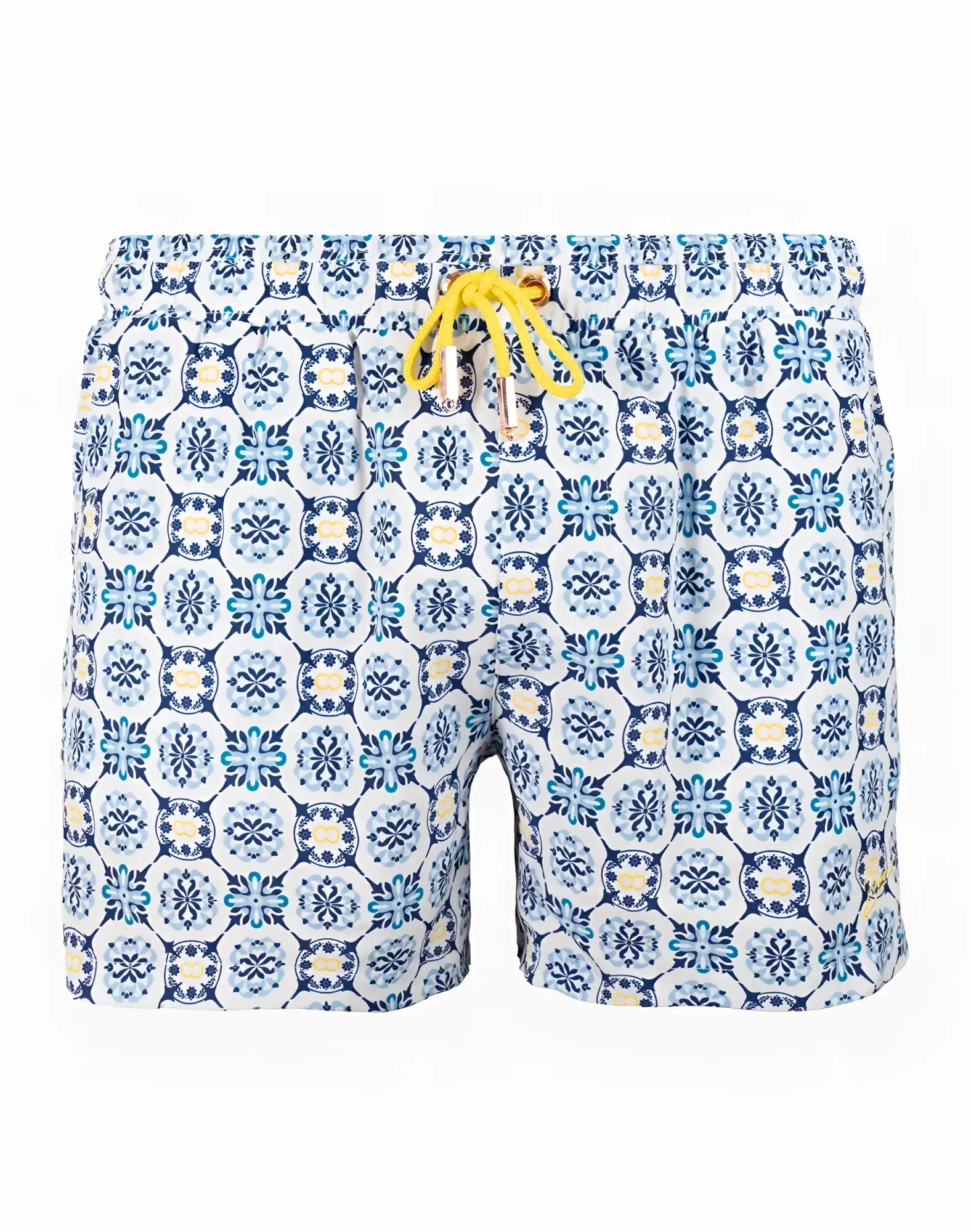Blue and white patterned byron swim short with yellow drawstring featuring mykonos print for beachwear
