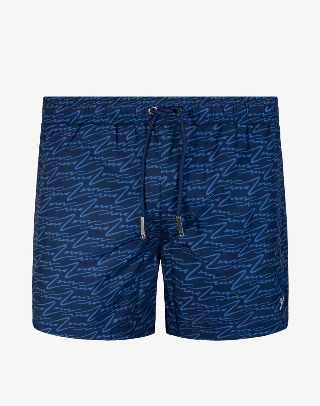 Navy blue Byron swim short featuring light blue cursive script signature print swim trunks for beachwear