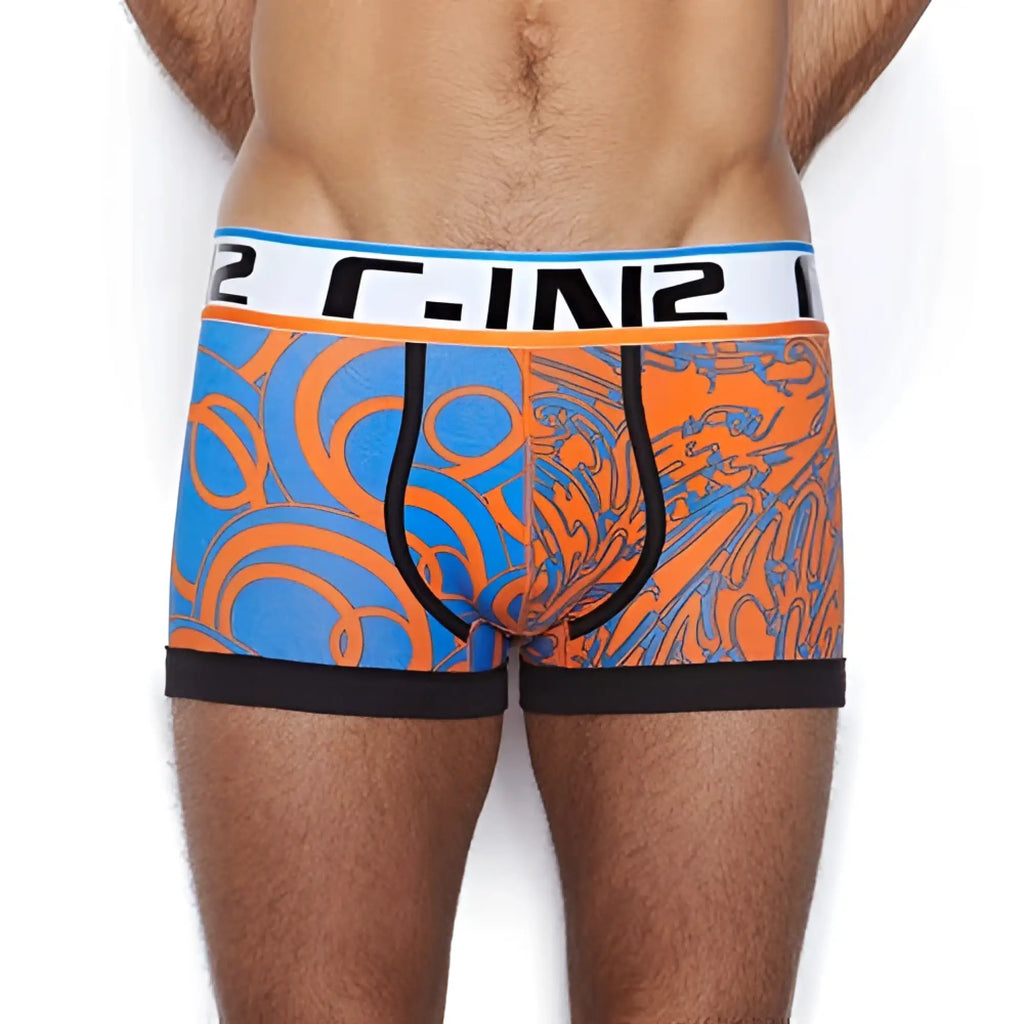Blue and orange patterned c-in2 culture club lo no show army trunk underwear with black trim and white waistband size L