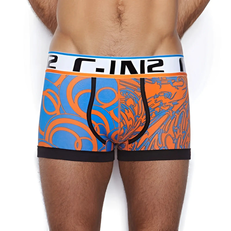 Blue and orange patterned c-in2 culture club lo no show army trunk underwear with black trim and white waistband size L