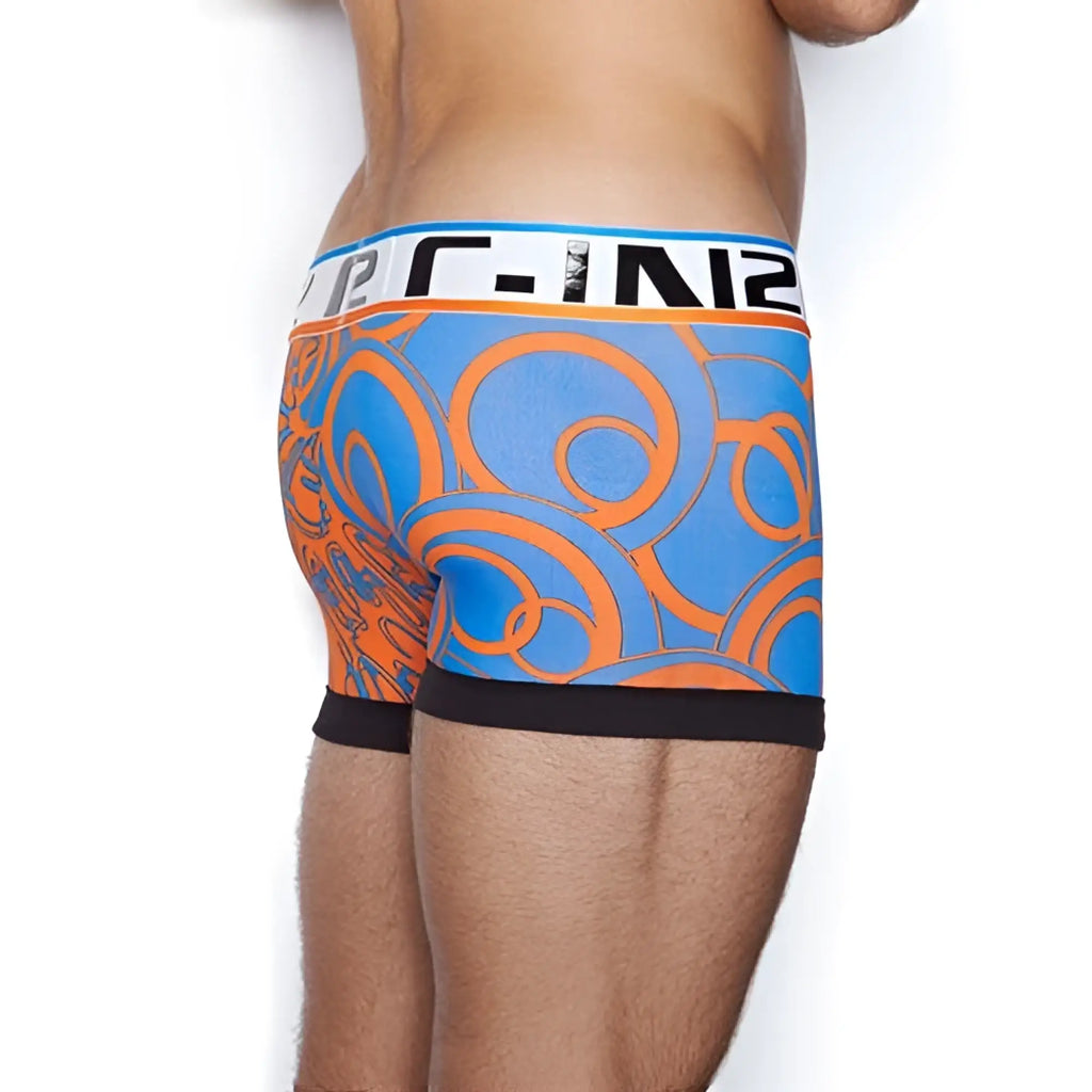 Blue and orange patterned men’s boxer briefs with black c-in2 logo waistband culture club lo no show trunk size l