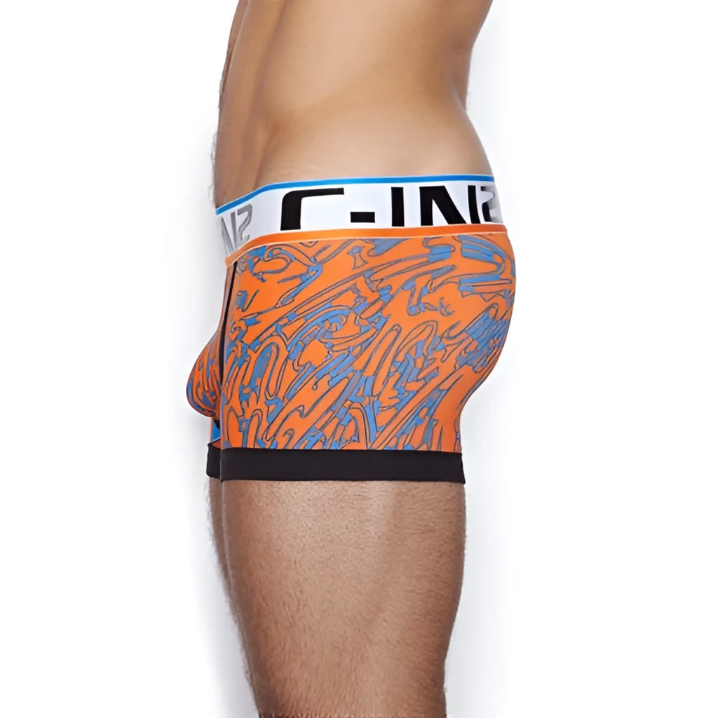 Orange and blue abstract patterned c-in2 culture club lo no show army trunk briefs with black trim size l