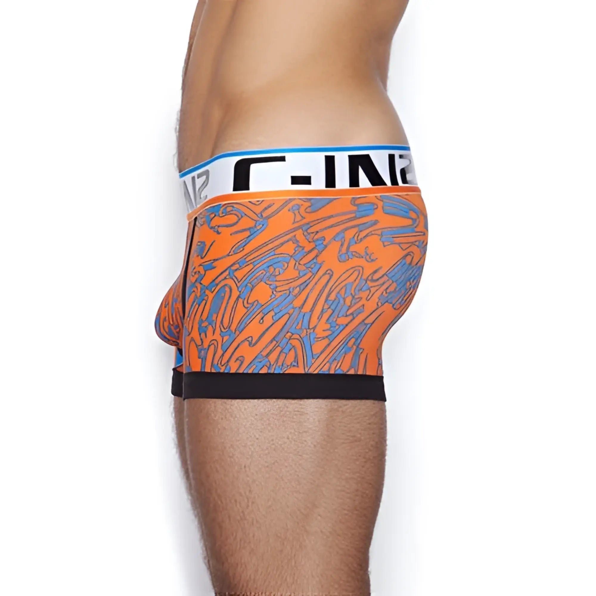 Orange and blue abstract patterned c-in2 culture club lo no show army trunk briefs with black trim size l