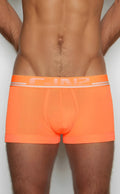 Bright orange c-in2 trunk 1023 men’s briefs with mesh texture and white logo trim front view