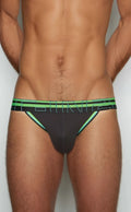 C-IN2 jockstrap 3226-080 black athletic briefs with neon green trim and bold geometric logo band shown from front